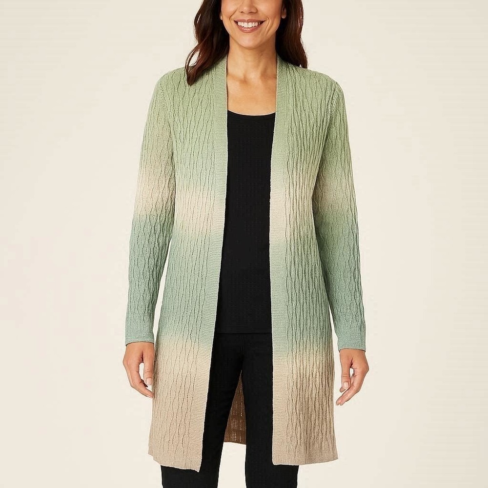 Ruby Rd. Long Open Front Cardigan Green White Brown Dip Dye Design 2X Boho